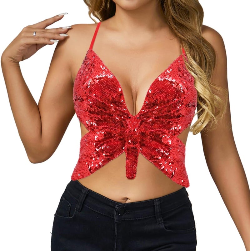Mocure Womens Glitter Sequin Butterfly Crop Top Low-Cut Tank Top Rave Tube Vest Top for Belly Dance Costume Outfits - Image 2